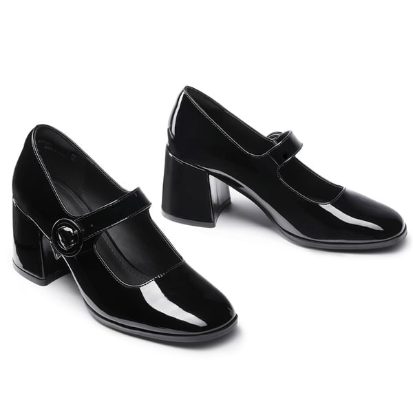 Chunky Mary Jane Pumps - BRIGHT BLACK - 4